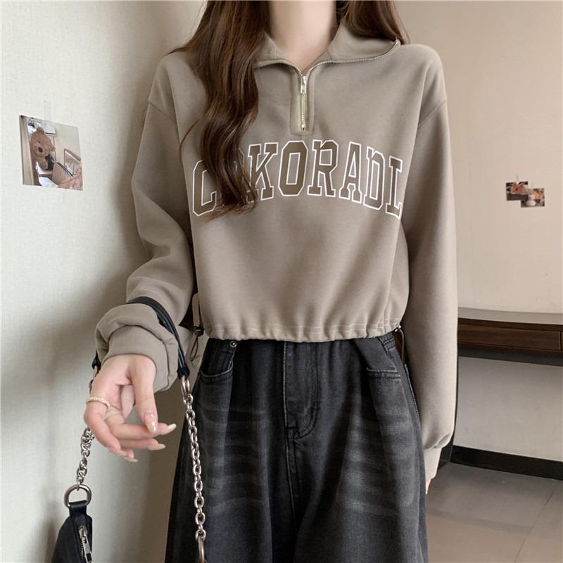 Half zipper PO neck sweater women's thin loose drawstring hem real shot short long sleeves on clothes