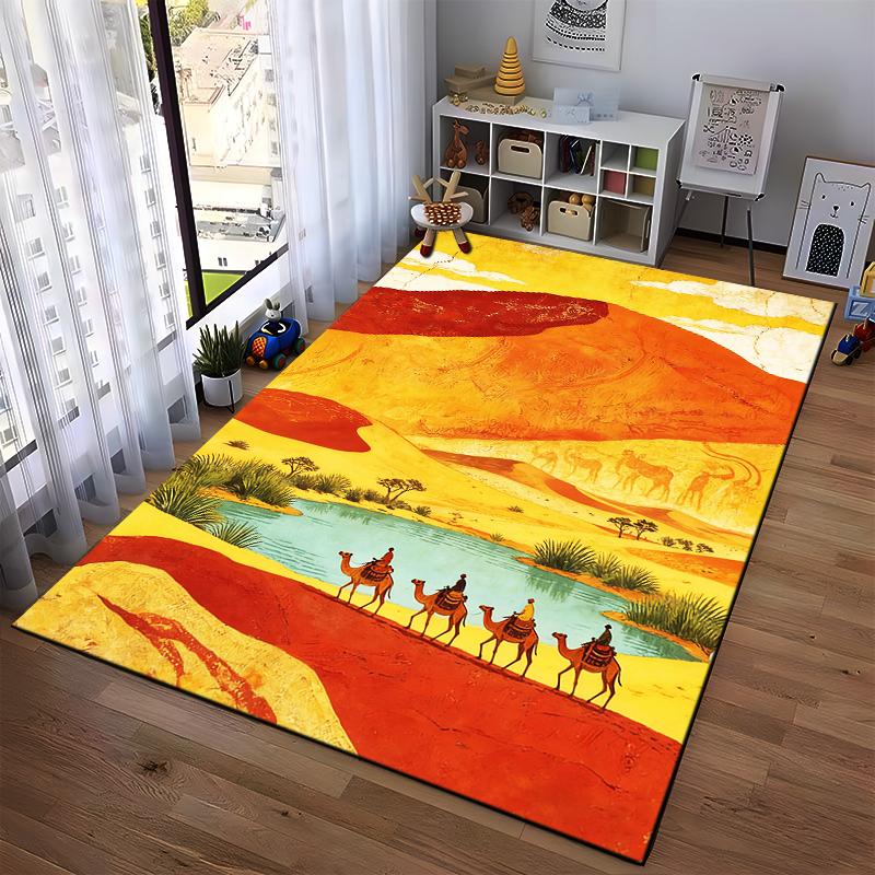 Wüstenlandschaft Teppich mit Kamelen, Lebendige Farben, Einzigartiges Design Geeignet für die Verwendung als Antirutsch für Wohnzimmer Schlafzimmer Sofas