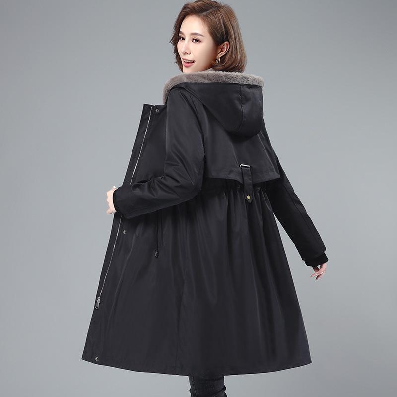 

Женская парка средней длины на флисовой подкладке 2024 года со съемной подкладкой и приталенным силуэтом XXL (recommended 135-145 jin) чёрный