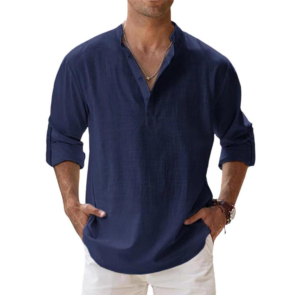 Men's Casual Loose Stand,up Collar Sweatshirt, Men's ,color Long,sleeved Cotton And Linen Shirt Top