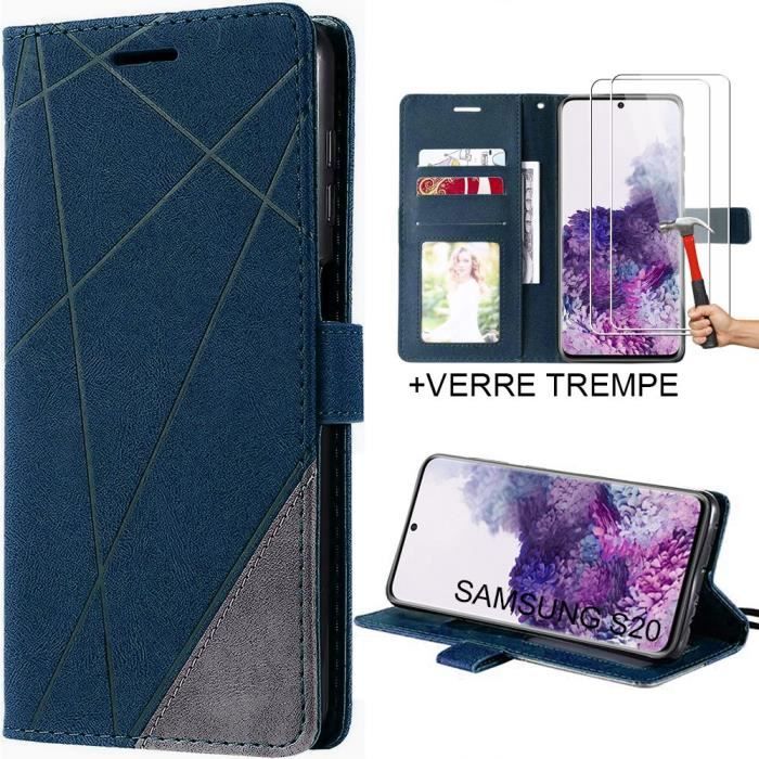 Lot 2 Verres Trempés+ Coque pour Samsung Galaxy S20 Bleu Marine Anti-Choc Protection 360°