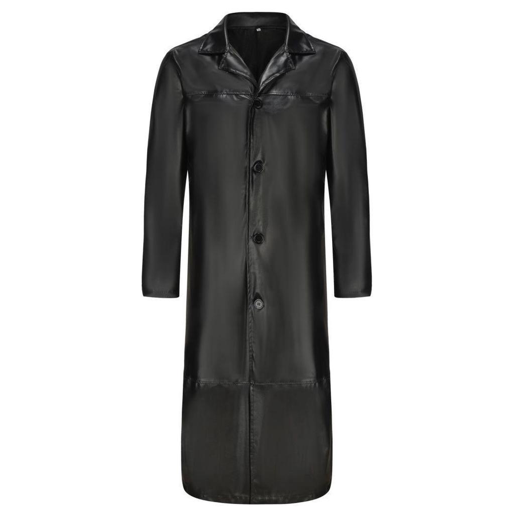 2024 Men's Extended Length PU Leather Jacket with Suit Collar - Casual Spring Fashion