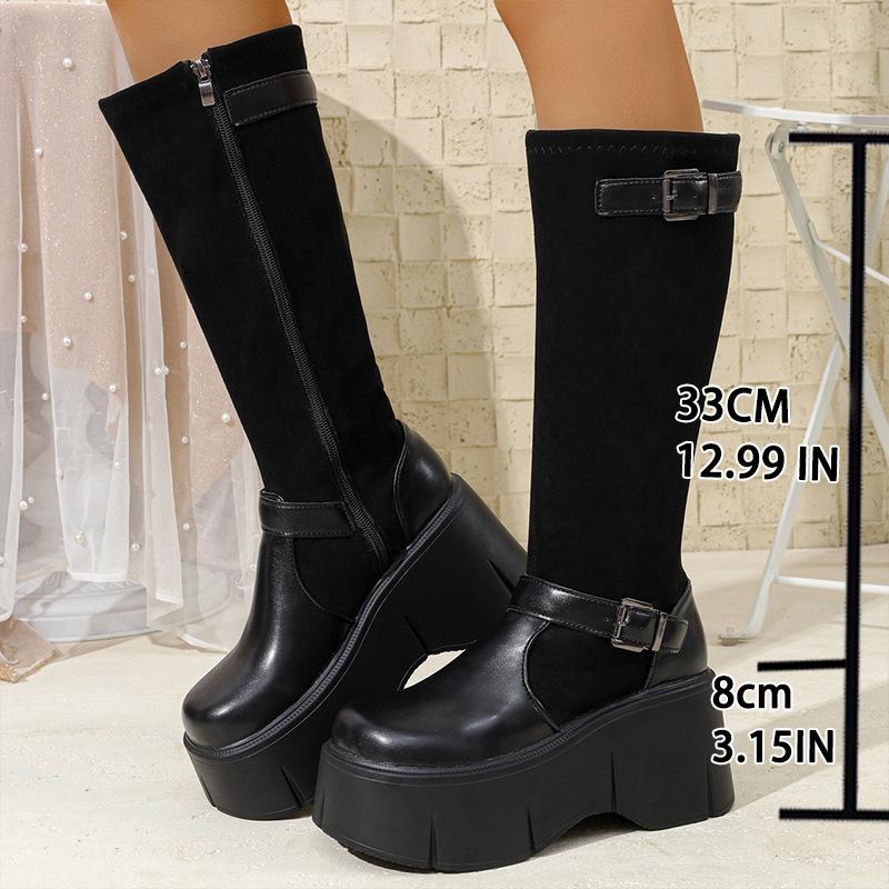 Retro French Black Platform Boots Women's 2025 New Autumn Small Fat Mm Thin and Heightened Knight Boots