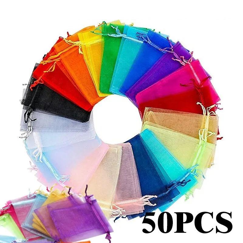 

50pcs/Lot Multicolor Jewelry Packaging Bag 7*9 9*12 11*16 13*18 Organza Bags Gift Storage Wedding Drawstring Pouches Wholesales 7x9cm