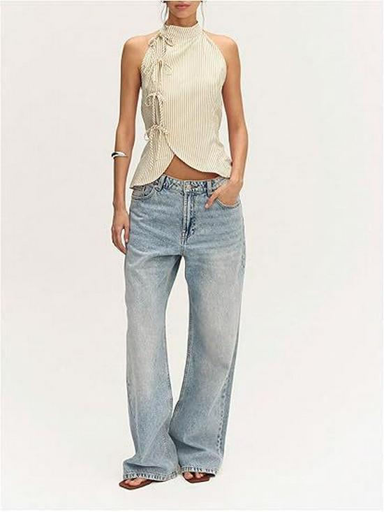 European & American Women's Asymmetrical Hem Striped Front-Tie Strapless Backless Tank Top