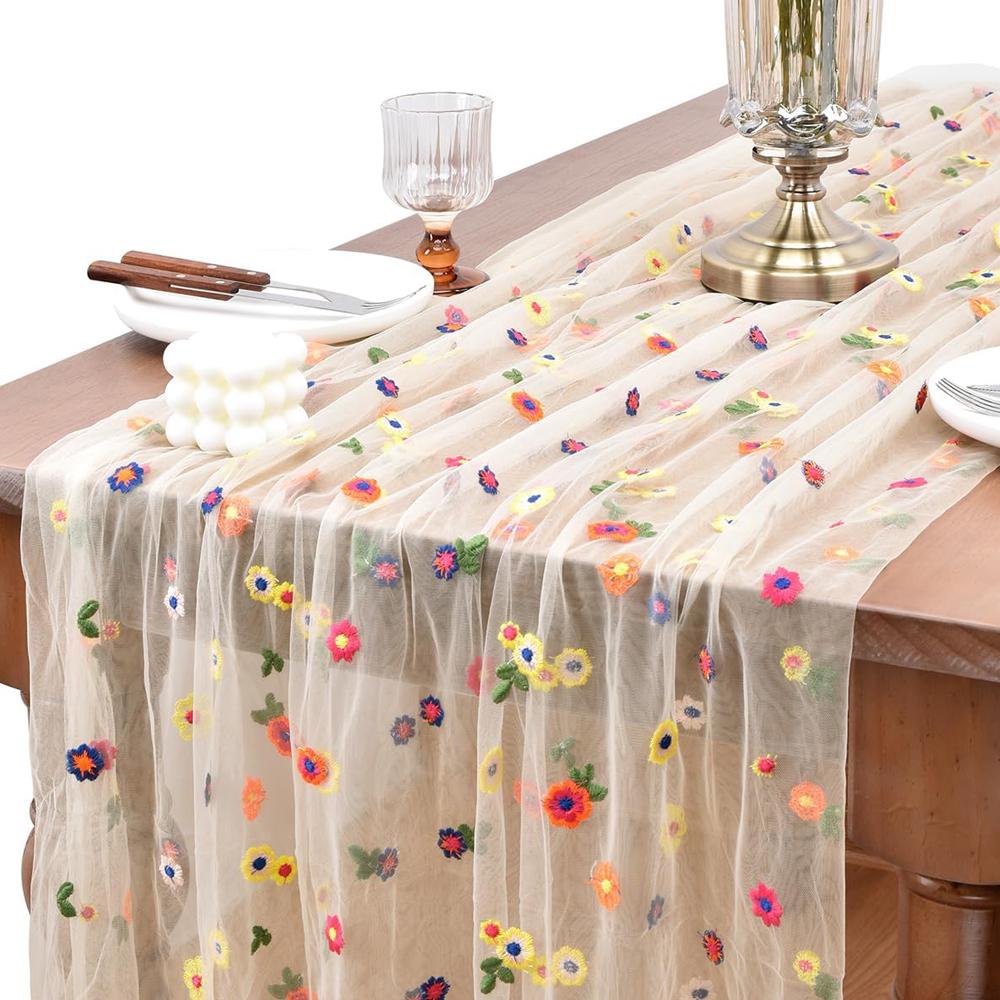 Champagne Embroidery Daisy Spring Summer Table Runner Florals Seasonal Easter Tulle Table Runner Holiday Kitchen Dining Table