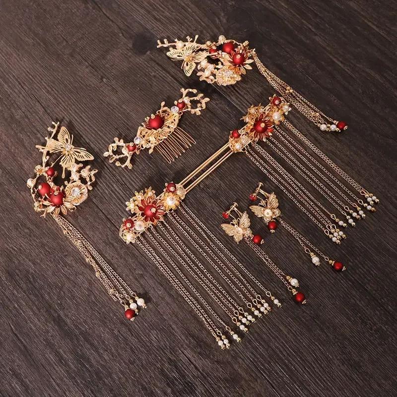 1 Set Xiuhe Headwear Accessories Chinese Hanfu Bridal Hair Accessories Set Tassel Dragon Phoenix Coat Hair Accessories Gifts