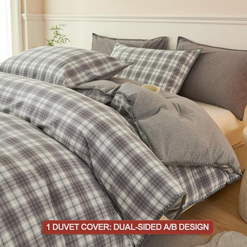 100% Cotton Bedding Set Luxury Duvet Cover Set- 1 Duvet Cover with 2 Pillowcases, Classic Plaid Style,Comforter Set Cover