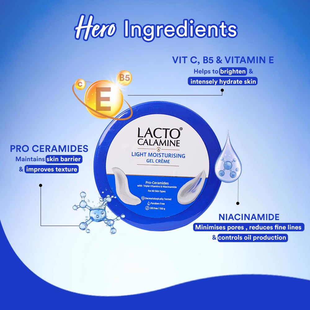 Lacto Calamine Light Moisturising Gel Creme 150 G Oily Skin Niacinamide Pro Ceramides Triple Vitamins Hydrating Face Moisturizer