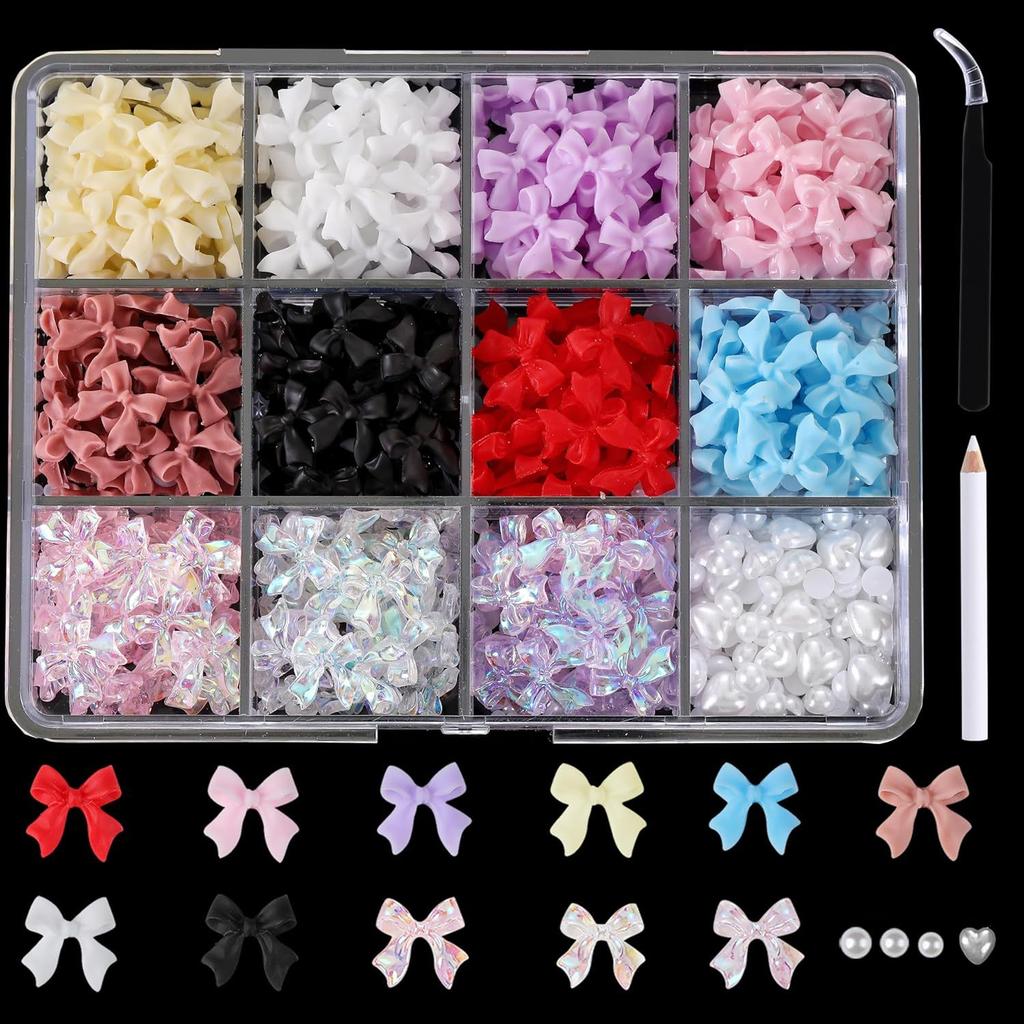 12-Grid Streamer Bow Tie Christmas White Red Resin Bow Nail Jewelry Mixed Set Diy