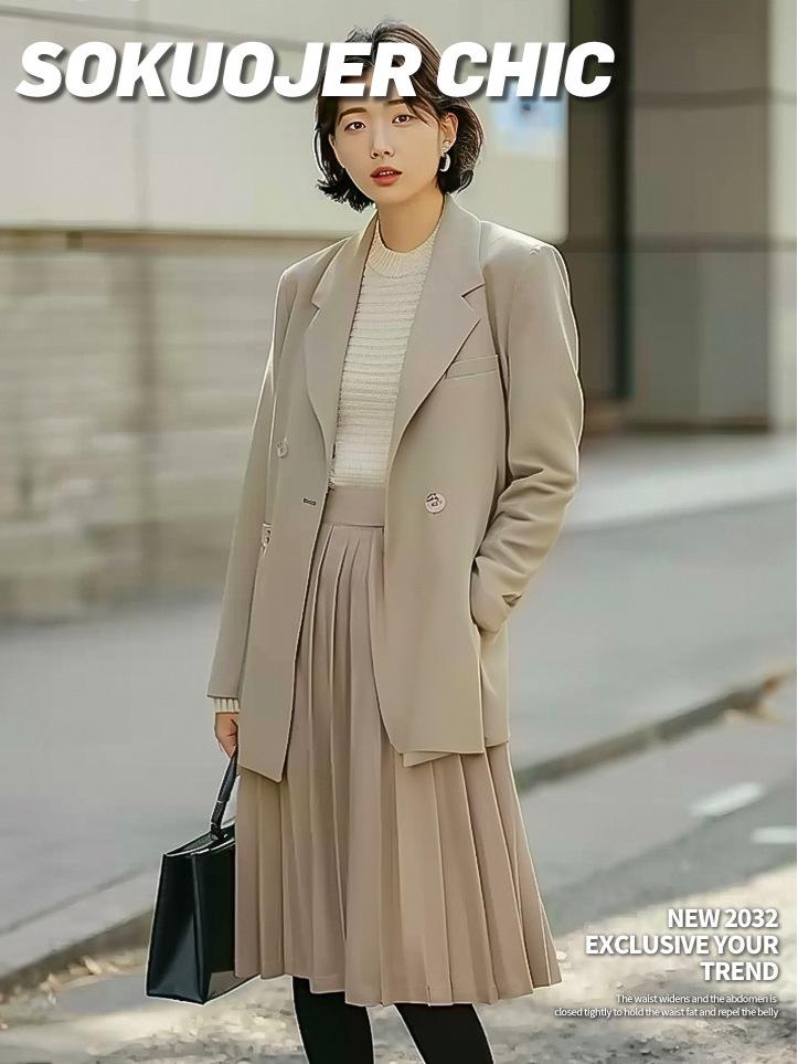 Högkvalitativ medellång plisserad A-linjeformad kjol med resår i midjan för kvinnor - Mångsidig höst/vinterstil