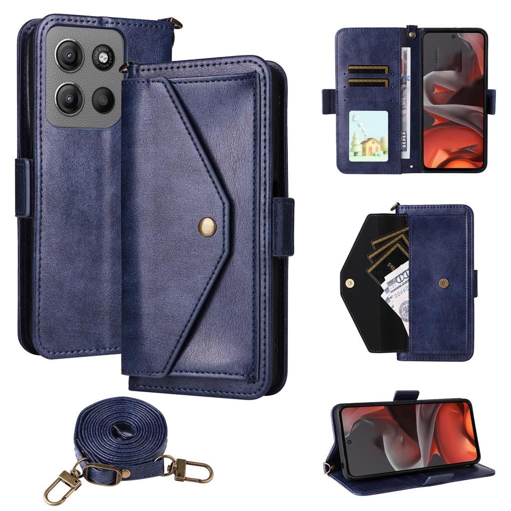 For Motorola Moto G15 Power 4G/G15 4G Leather Case Magnetic Closure Wallet Stand Phone Cover with Crossbody Strap