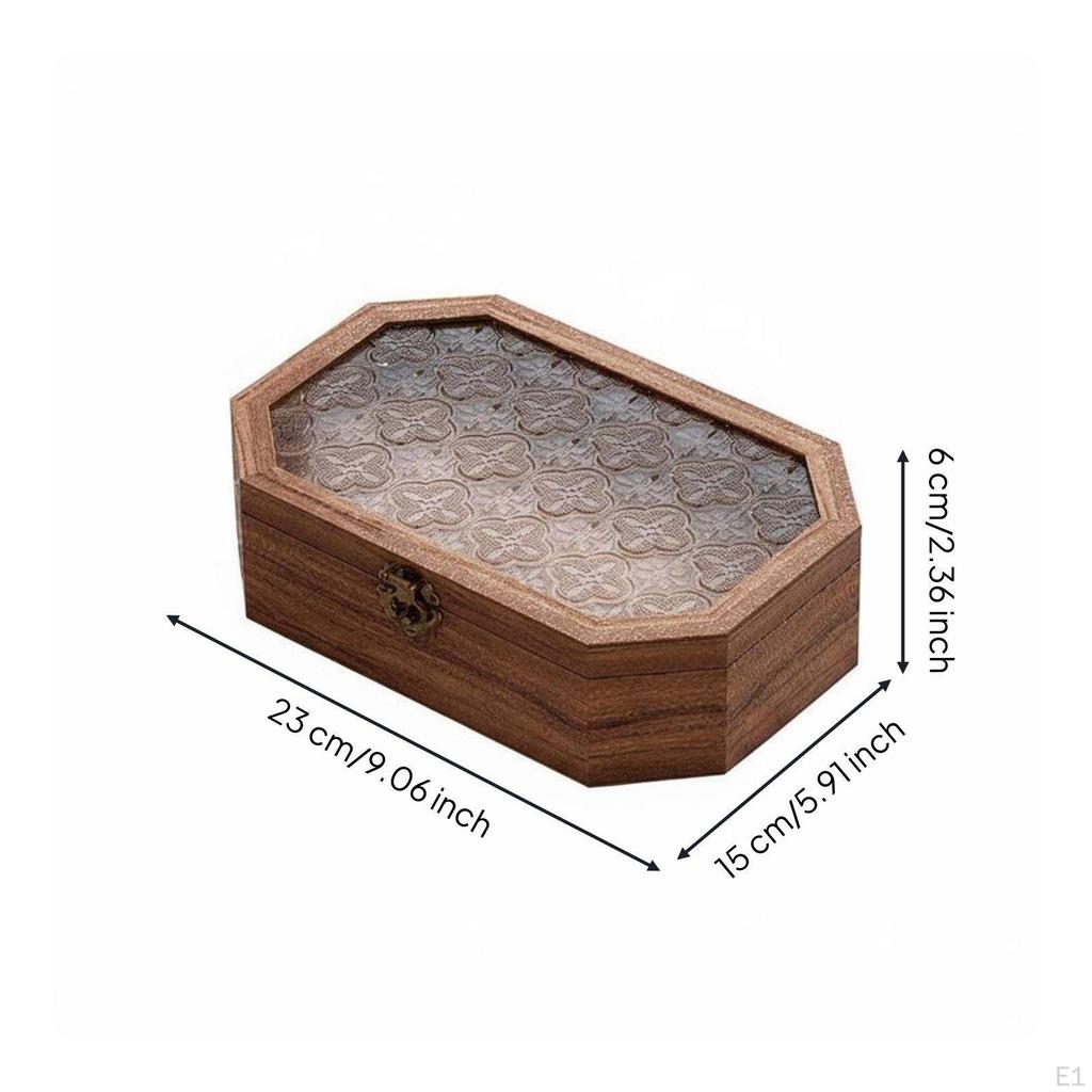 Glass Top Wooden Box Dustproof Retro Cosmetic Organizer Lidded with Clasp Vintage Jewelry