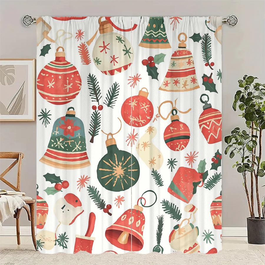 

Christmas Bell Print Curtains Pole Bag Decorations Daily Home Room Made Of Polyester W100*H70(CM)-Rod Pocket&2PCS