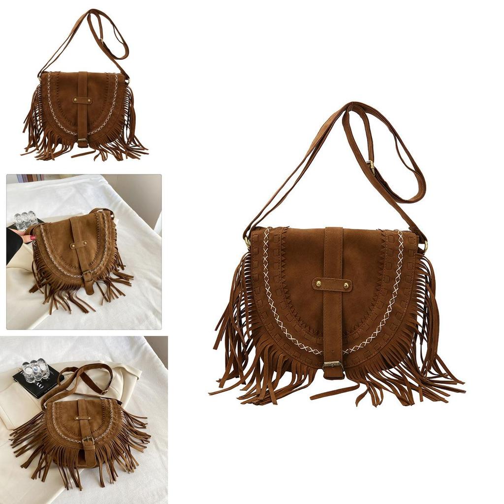 Pu Suede Fringed Saddle Bag With Zipper Closure For Daily Use And Bohemian Style