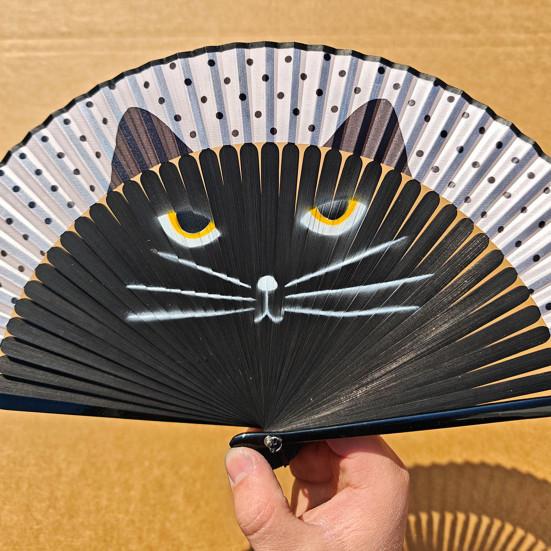 Cartoon Cat Folding Fan Japanese Style Wooden Hand Held Fan