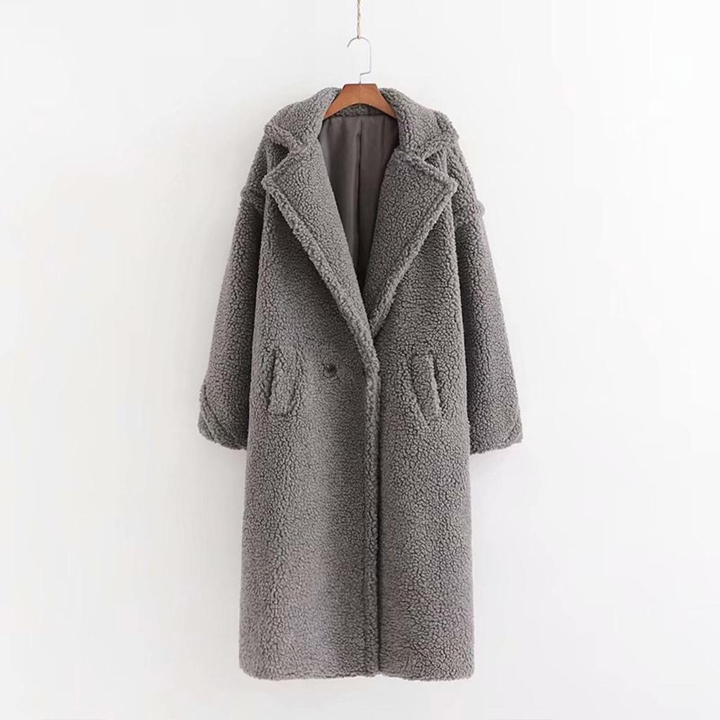 Women Fashion Autumn And Winter Loose Medium Long Windbreaker Lamb Coat