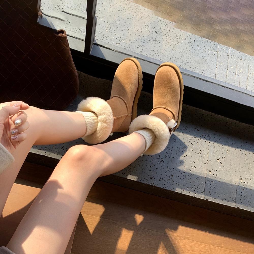 Snow boots women's 2025 new winter fur integrated horn buckle short boots children's cotton shoes non-slip warm thickened