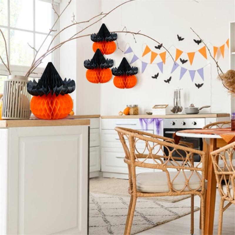 Set of 10 Orange Tissue Pumpkin Decorations Stylish Hanging Honeycomb Sphere for Halloween Festivities