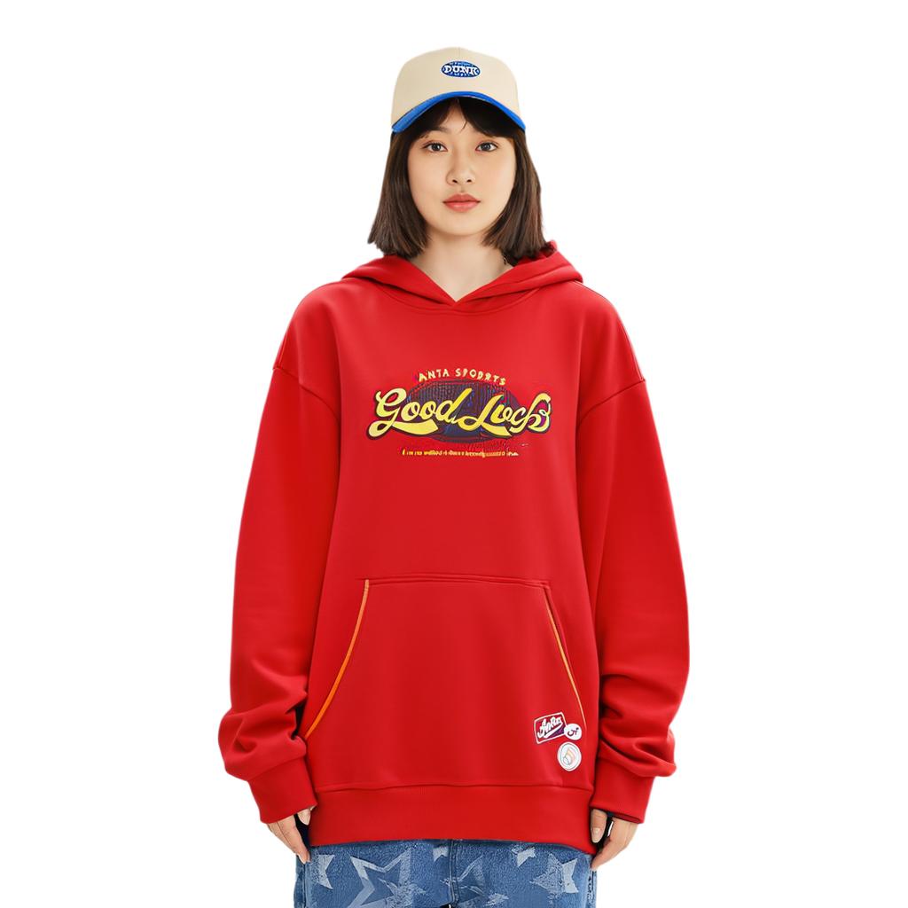 Anta Good Things Happen Letter Knit Hooded Loose Pullover Sweatshirt Unisex Sweatshirt Deep-Red 952418721-2