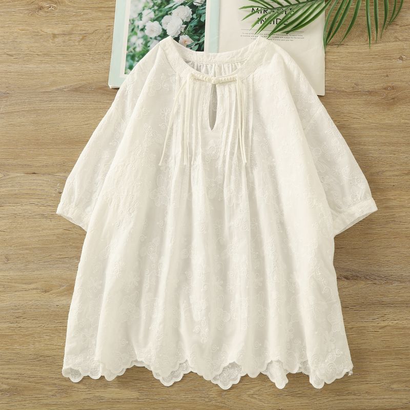 

New Chinese Style National Style Buckle Short sleeve Shirts Women 2025 Summer New Design Artistic Jacquard Cotton Doll Shirt White One size