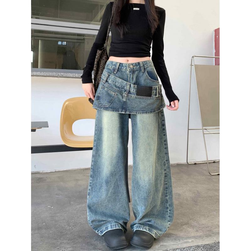 Women s Retro Two-Piece Look Hem Jeans: Loose, Straight-Leg Wide Pants S синий
