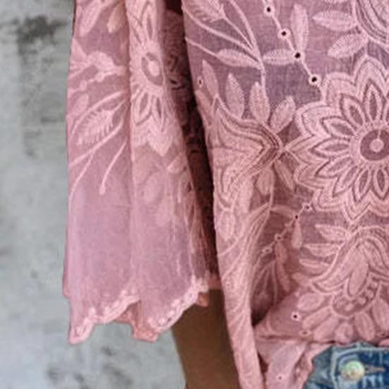 Yousheng Women Tops Round Neck 3/4 Sleeves Lace Decorated Loose Fit Casual Shirt Solid Color Breathable Irregular Tops