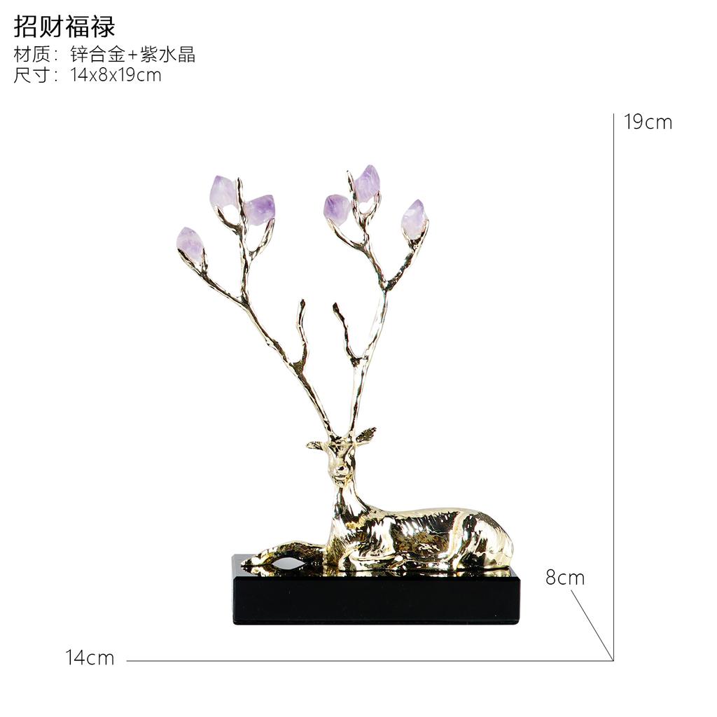 Metal Handicrafts Crystal Deer Figurine Simulation Animal Sculpture Natural Crystal Metal Figurine Home Decoration Accessories