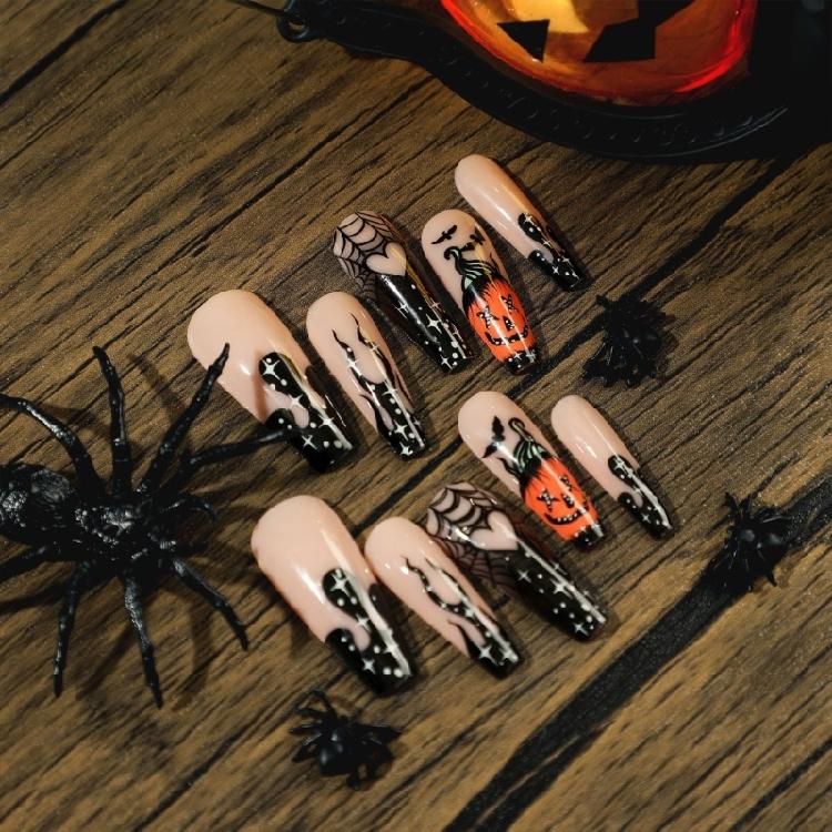 Halloween Press on Nails Coffin Fake Nails Press on Nails with Jelly Glues