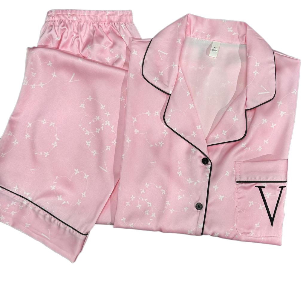 New pink flower ice silk pajamas women's spring and autumn French lapel short-sleeved loungewear set, high-end sense can be worn outside