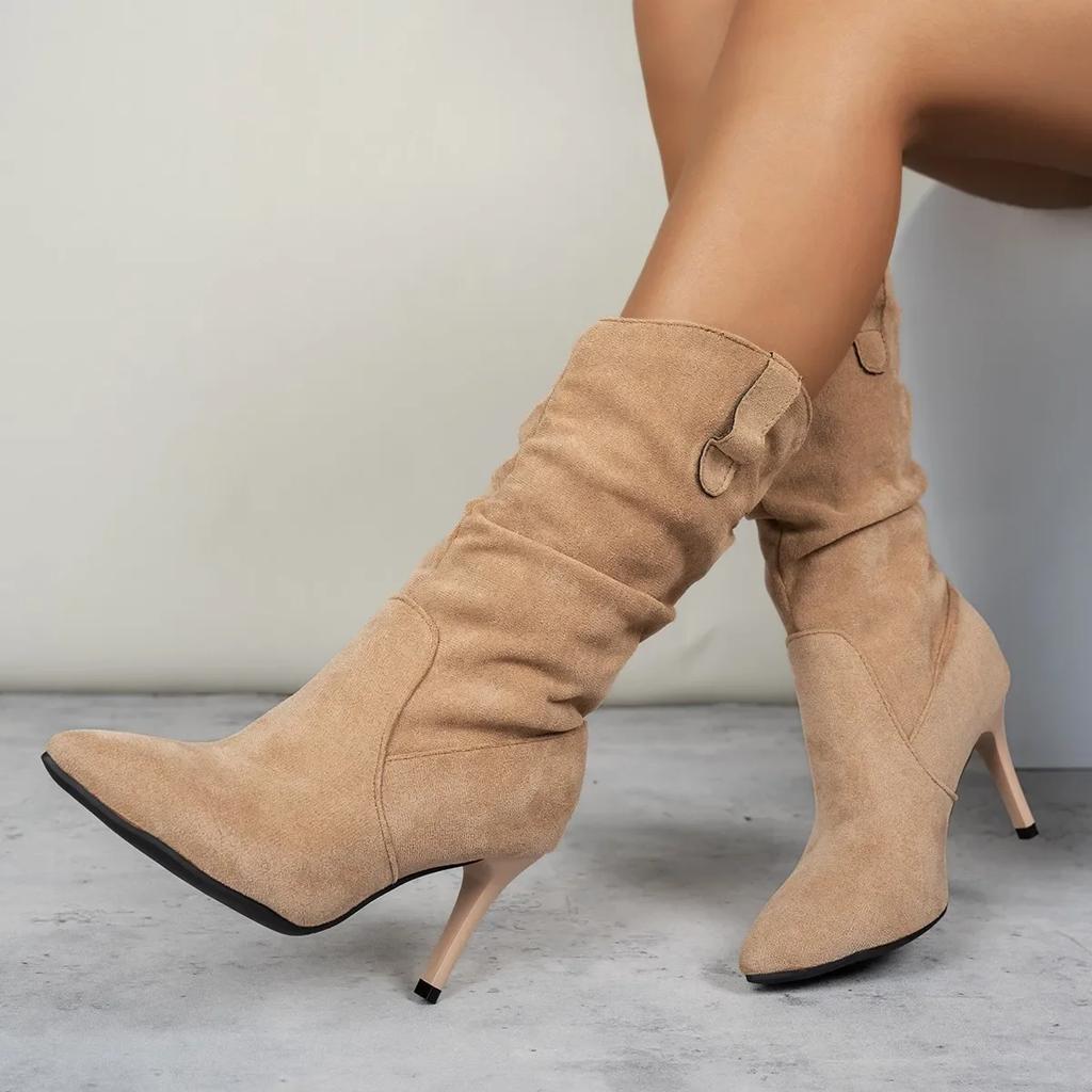 Fashion New Winter Women Pleated Mid Calf Boots Fashion Designer High Heels Comfortable Slip On Pointed Toe Boots Women Shoes for Women