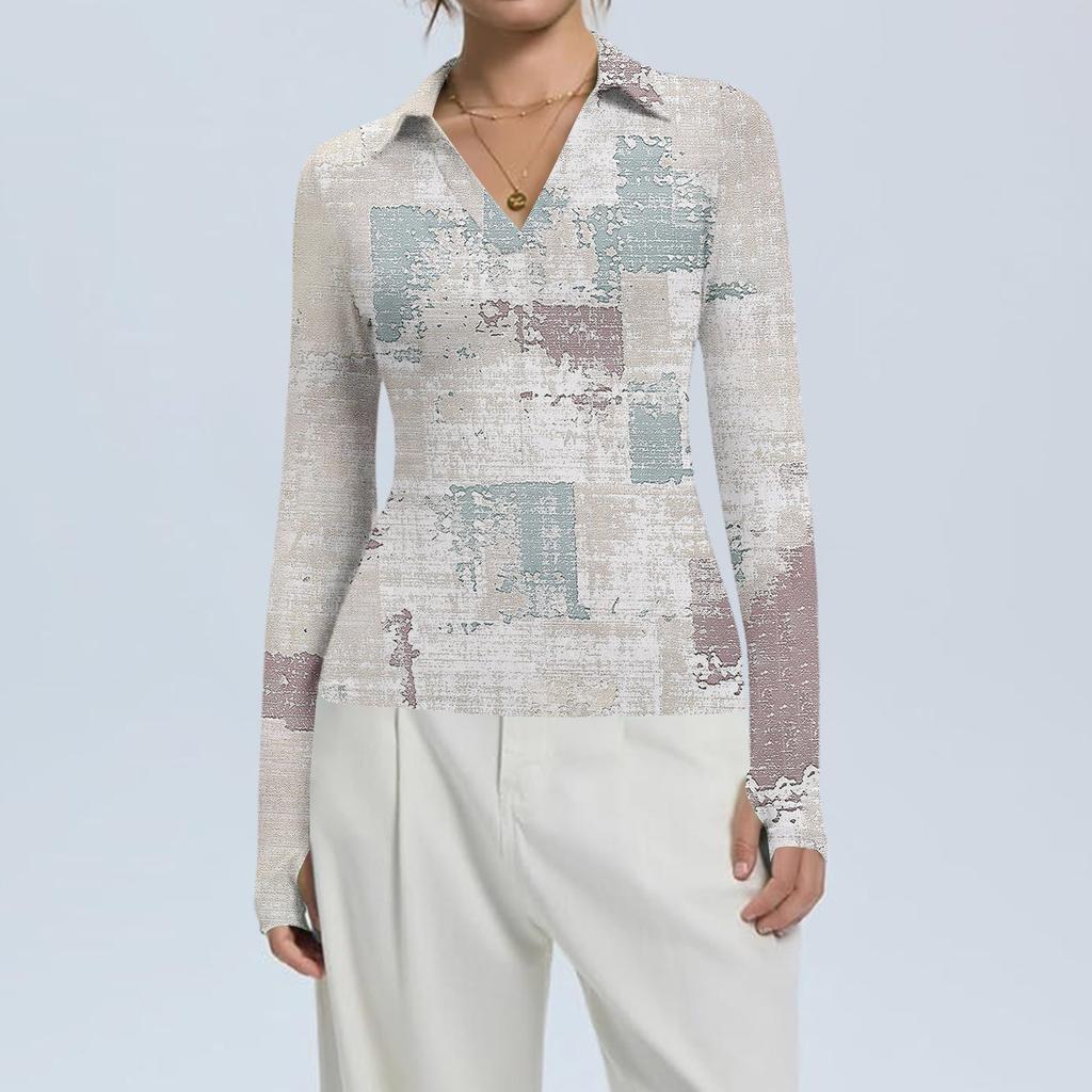 Women's Fashion Casual Print V-Neck Long Sleeve Button-Down Top