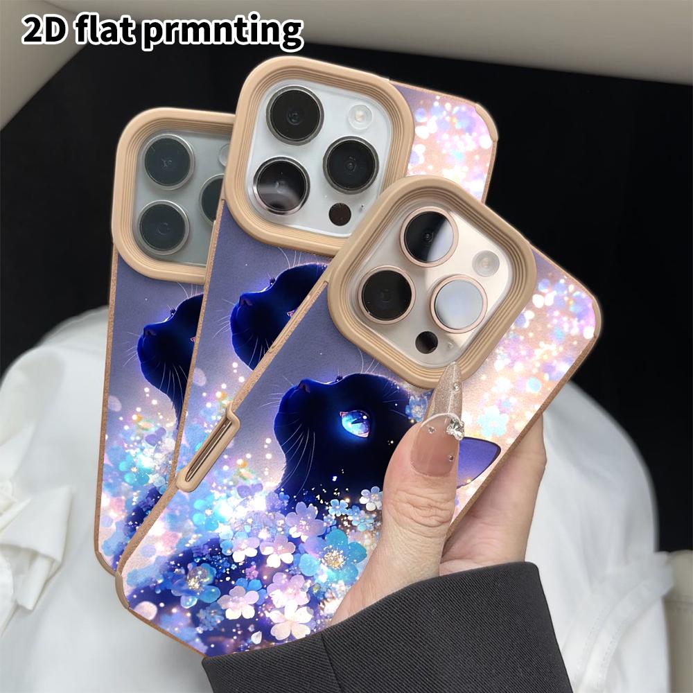 Phone Case: 2D Flat Lambskin Suitable for iPhone 18 17 16 15 14 13 Pro Film Protective Case,floral Black Cat, Christmas and Halloween Gift