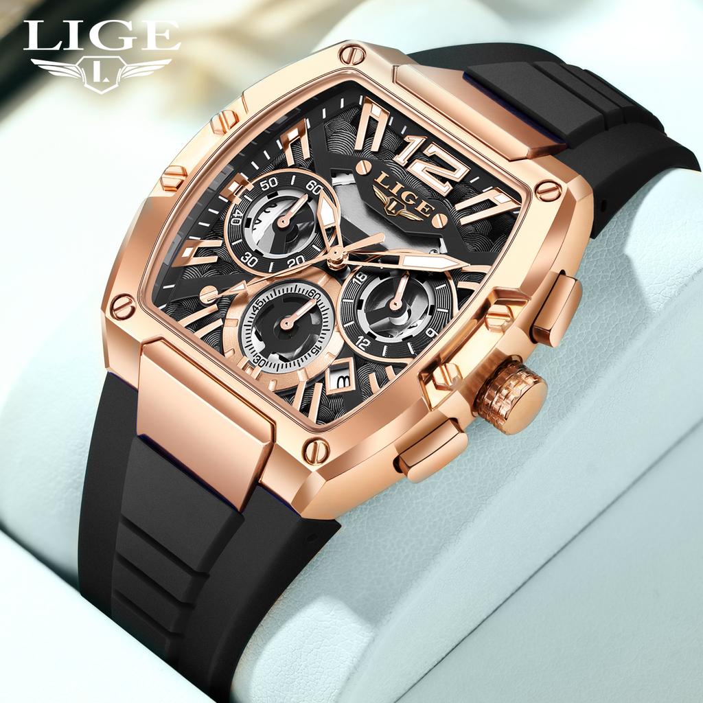 LIGE Fashion Square Military Watch Men Sport Waterproof Silicone Men‘s Quartz Wristwatch Luxury Luminous Chronograph reloj+BOX