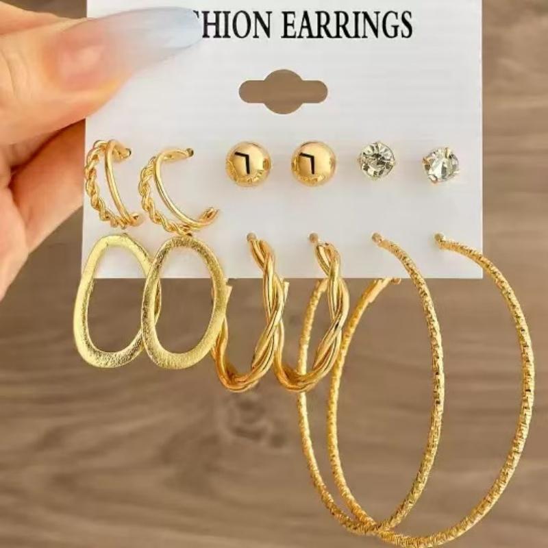 6Pairs 18K Gold Plated Alloy Earrings Set Stainless Steel Post CZ Pearl Heart Hoop for Women Fashion Jewelry