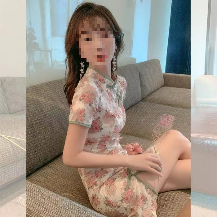 Sexy wind floral buckle improved version cheongsam dress high-end women's summer small slim split miniskirt