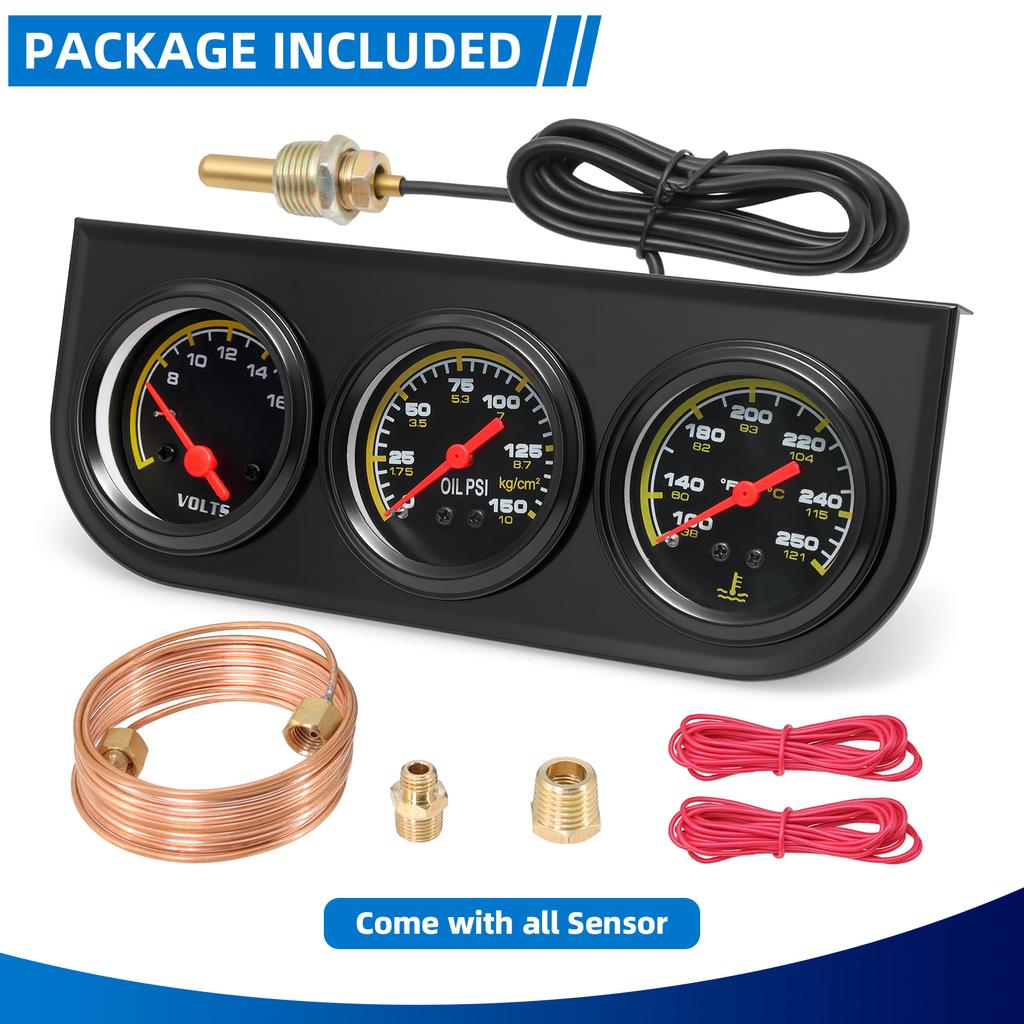 3 in 1 Triple Gauge Set 100-250℉ Water Temp+8-16v voltage Gauge+0-150psi Oil Pressure Black Face Digital pointer Auto Gauge