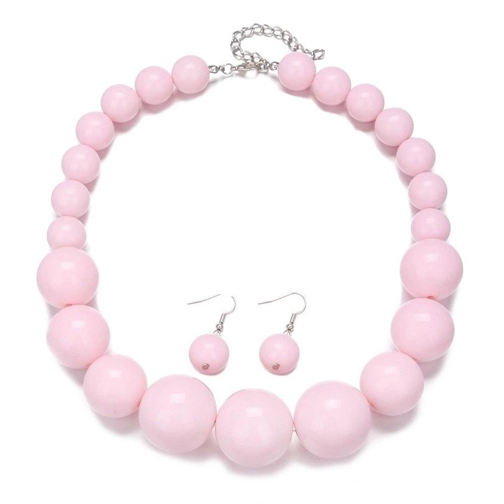 3 pcs/set Exaggerated Necklace Earrings Set Gradient Size Chunky Beads Necklace Drop Earrings  Women розовый