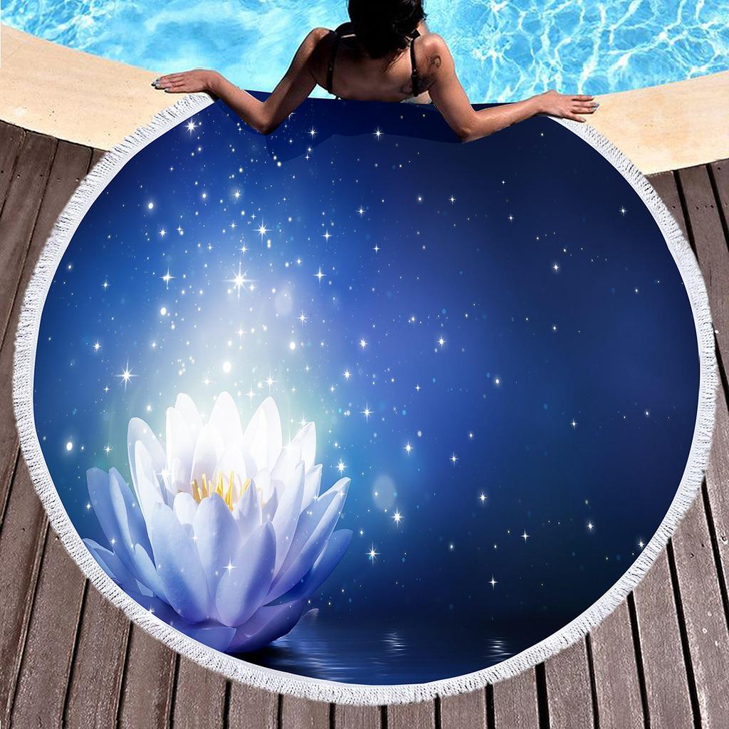 Lotus Pattern Round Beach Blanket, Microfiber Quick Dry Towel with Tassels for Picnic Bathroom Pool Surfing Outdoor Meditation