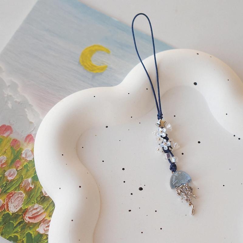 Ocean Jellyfish Beaded Phone Charm Handmade Blue Flower Crystal Pendant Aesthetic Bag Camera Keychain