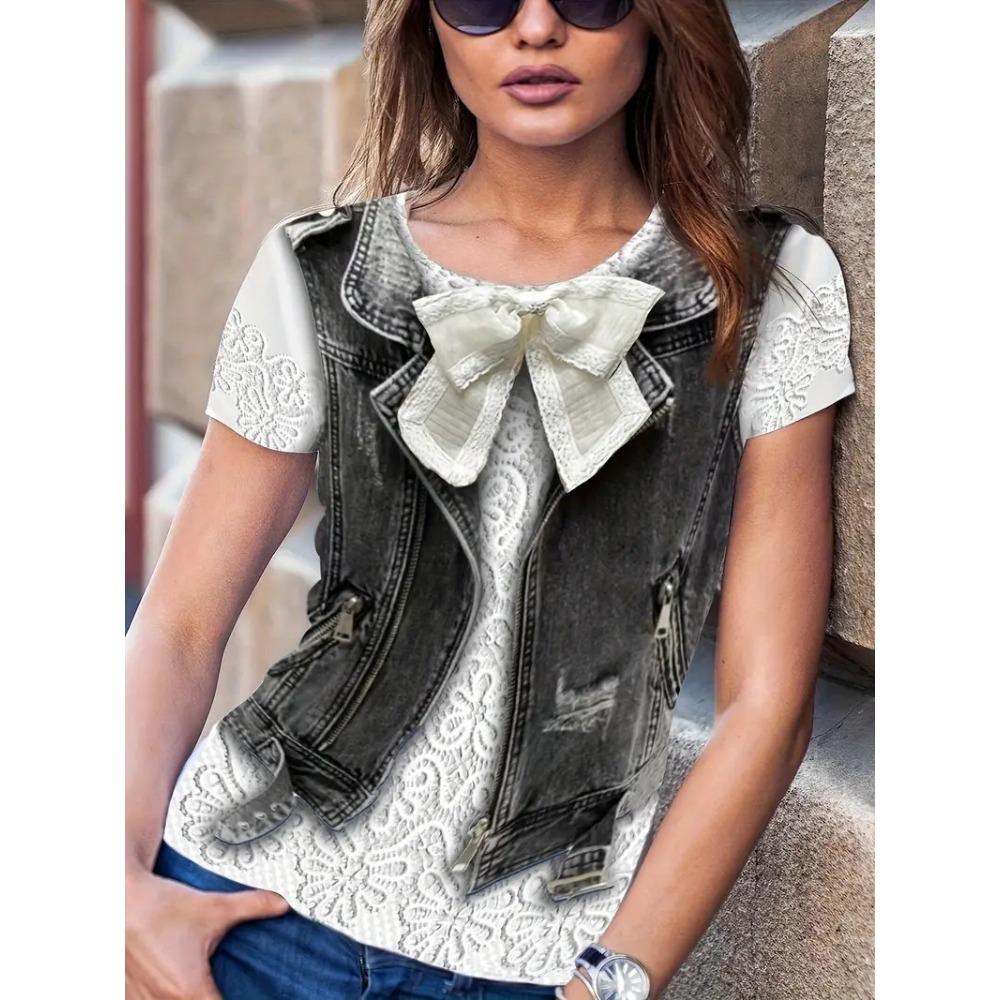 Summer Fashion Fake Denim Women's Short Sleeved Round Neck T-shirt Casual Loose Breathable T-shirt
