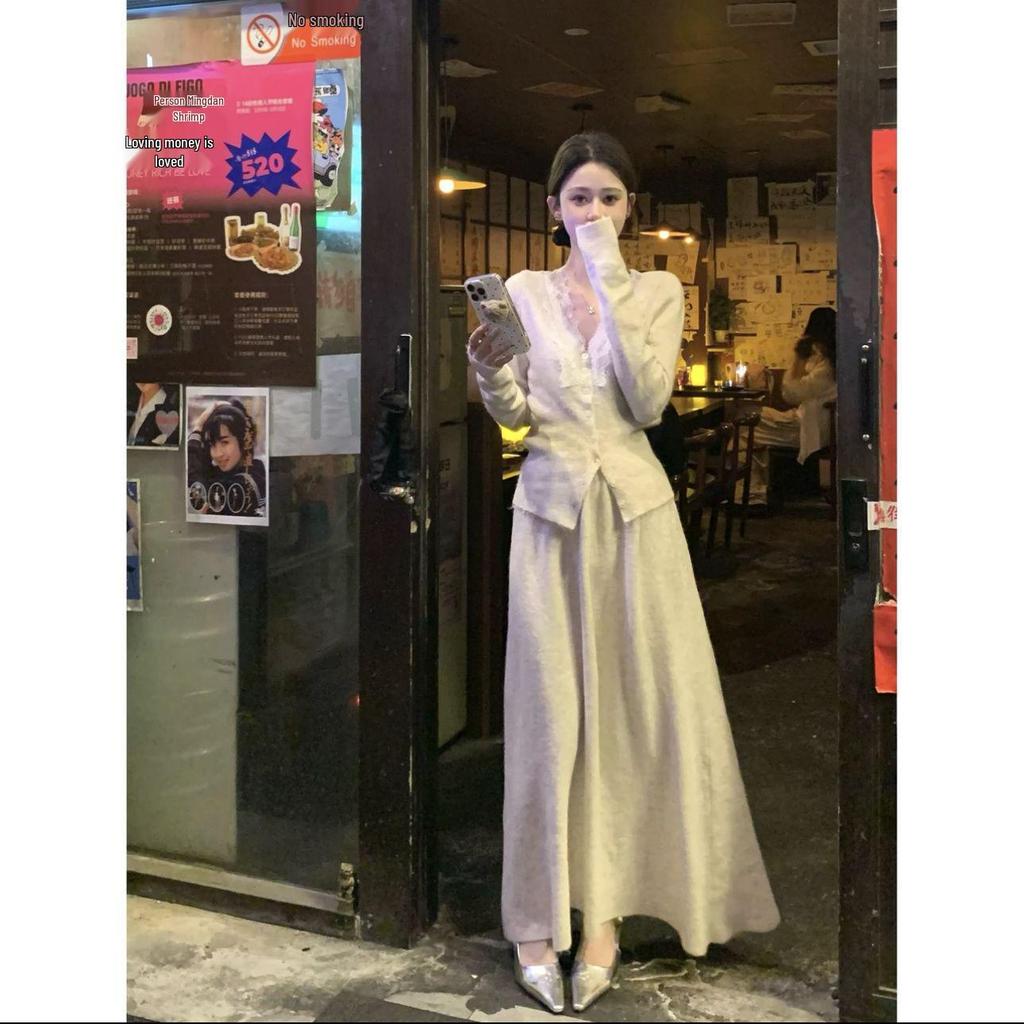 Korean Lace Knit Cardigan & Skirt Set - Elegant Autumn/Winter Two-Piece