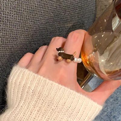 Warm Cute Oil Painting Sausage Dog Repair Pearl Ring Female Niche Design Light Luxury High-End Index Finger Ring