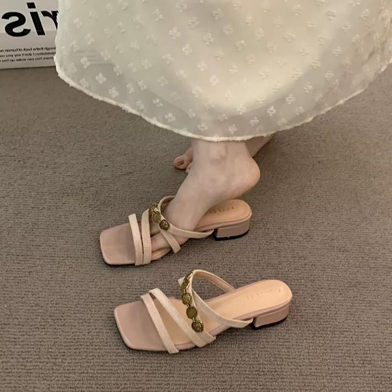 Female Large Size French Square Head Slippers Metal Medium Heel Cool Fairy Wind 2025 Summer New Gentle Outer Wear One-word Drag
