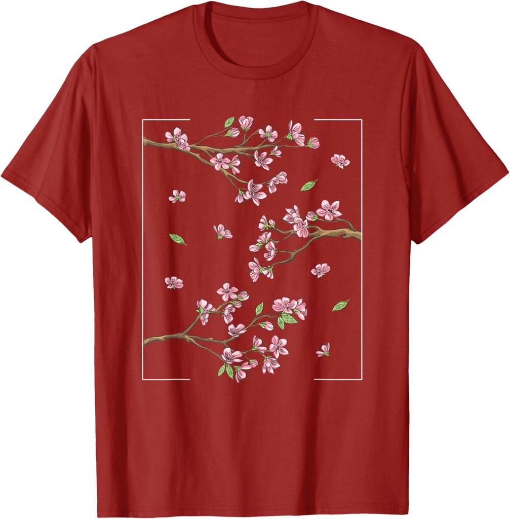 Cherry Blossom Sakura Tree Graphic Tee Japanese Style Casual Short Sleeve T-Shirt for Men Women