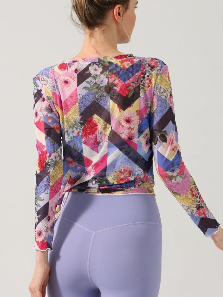 

Ретро топ для йоги из сетки с принтом тай-дай: Защита от УФ-лучей, Быстросохнущая, Слим-фит, Длинный рукав, Дышащая одежда для фитнеса Medium