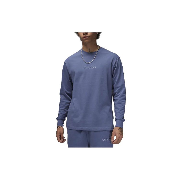 Jordan Wordmark Solid Embroidered Crew Neck Loose Long Sleeve T-Shirt Men Tops Diffused-Blue FJ0702-491