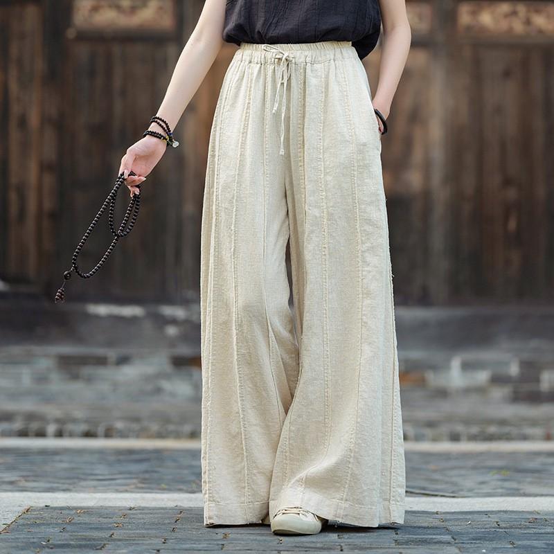 

Johnature Women Bandage Wide Leg Pants Elastic Waist Loose Trousers Autumn Solid Color Loose Pants One Size бежевий