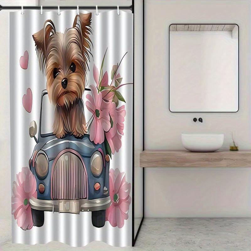 Cute Yorkie Dog Shower Curtain Car And Flowers Art Pet Lover Decor Romantic Hearts Waterproof Fabric Bath Curtain Set Home