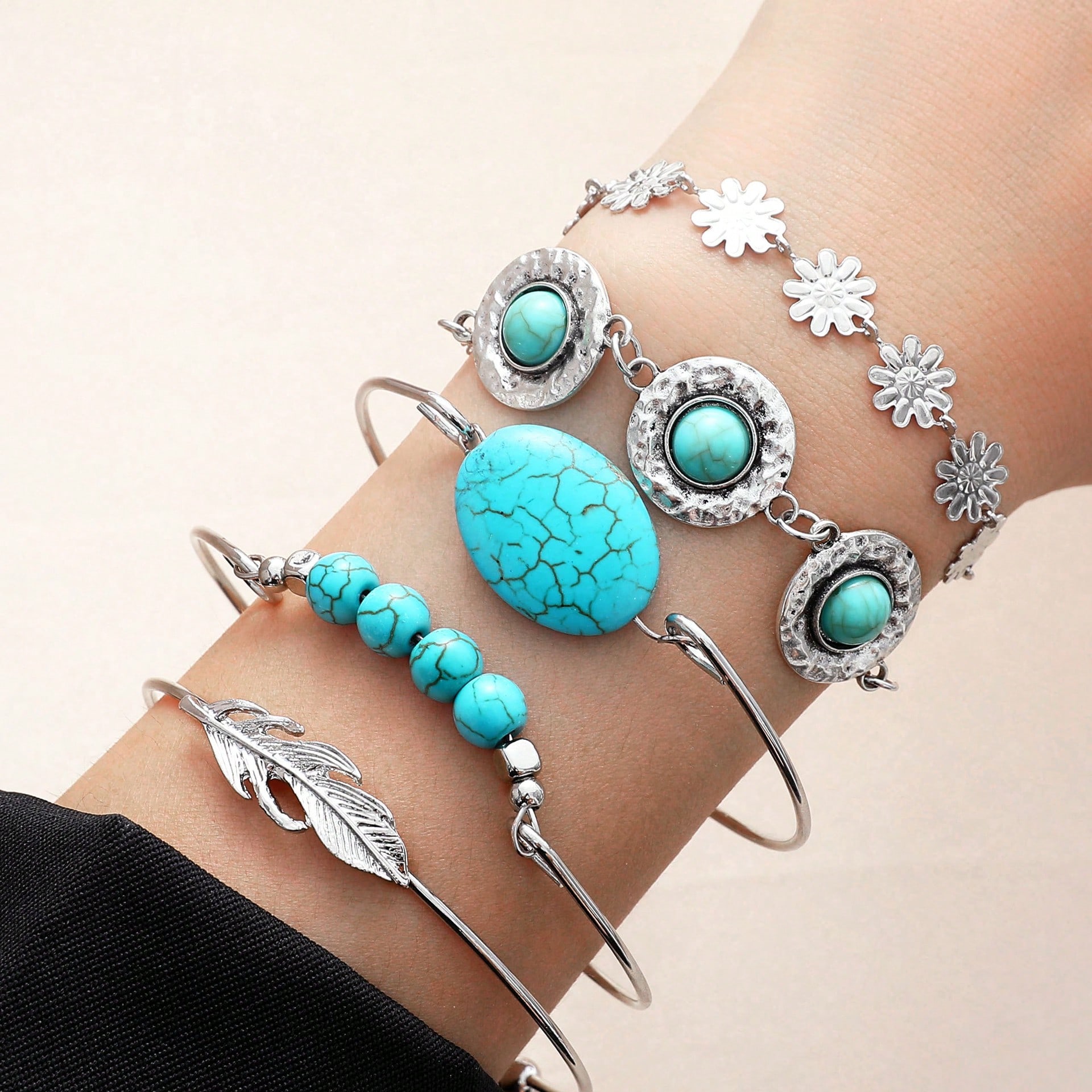 Ensemble de Bracelets Rétro Cactus Style Ethnique Européen et Américain Bijoux Perles Multi-éléments Personnalisés C multicolore